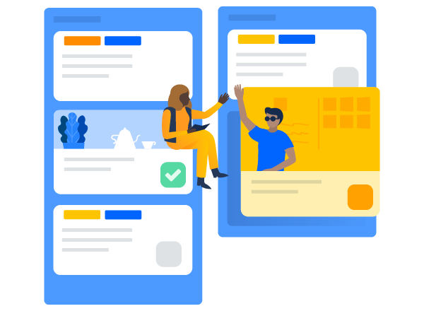 Illustration of people getting work done within virtual collaboration spaces