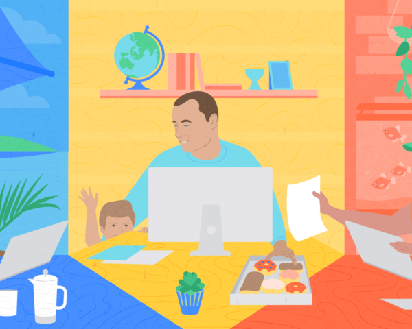 Illustration of three people working together but located in different places