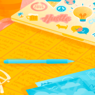 Illustration of a desk calendar and a laptop covered in stickers.