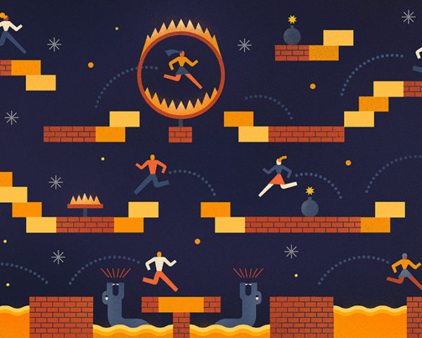 Illustration of people going through a video game obstacle course