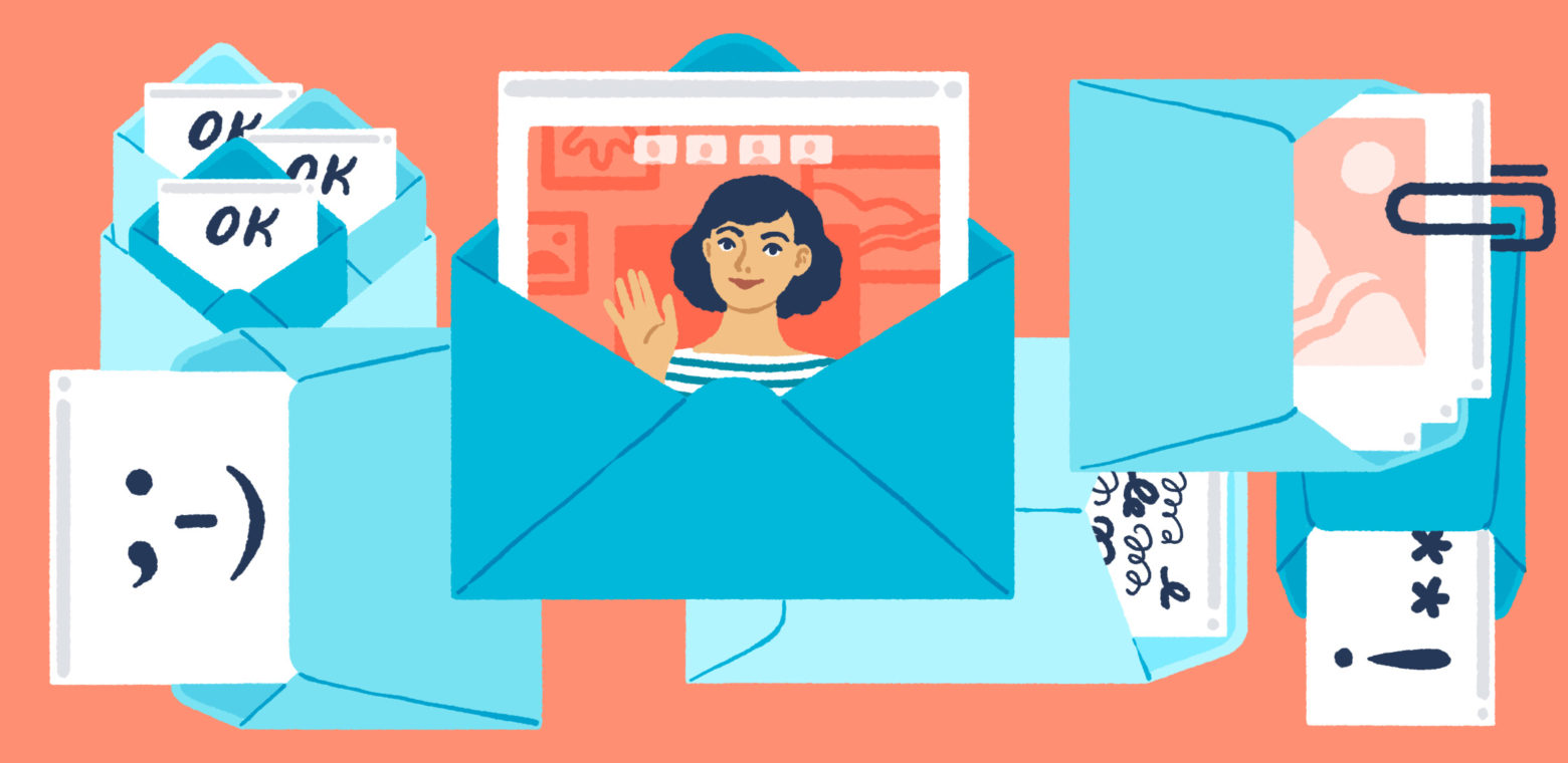 Illustration of envelopes, attachments, and a person waving