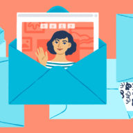 Illustration of envelopes, attachments, and a person waving
