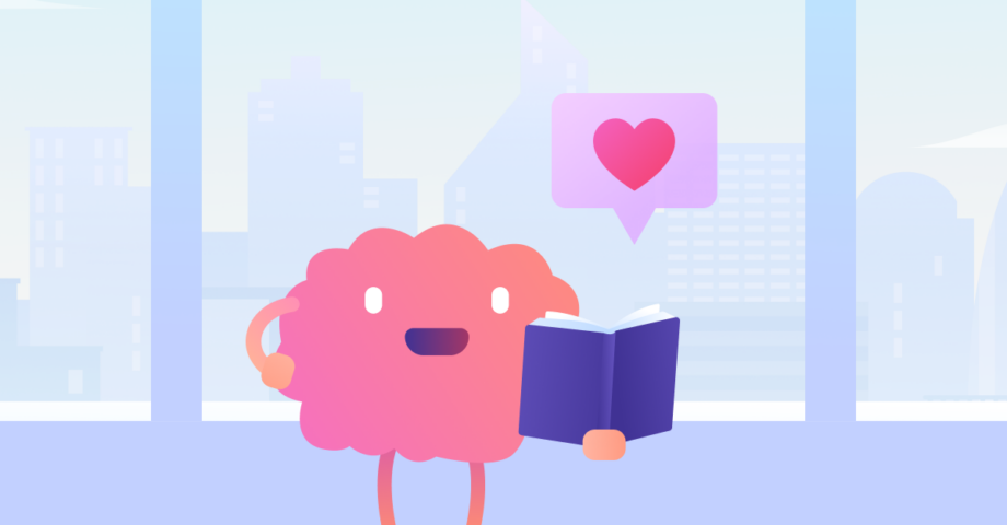 A cartoon character reading a book with a heart floating above