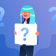 A person surrounded by 5 question marks