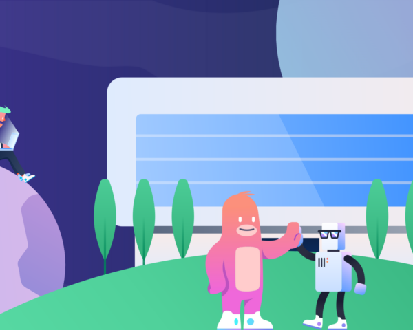 illustration of a hybrid workplace with people and creatures working and high-fiving outdoors